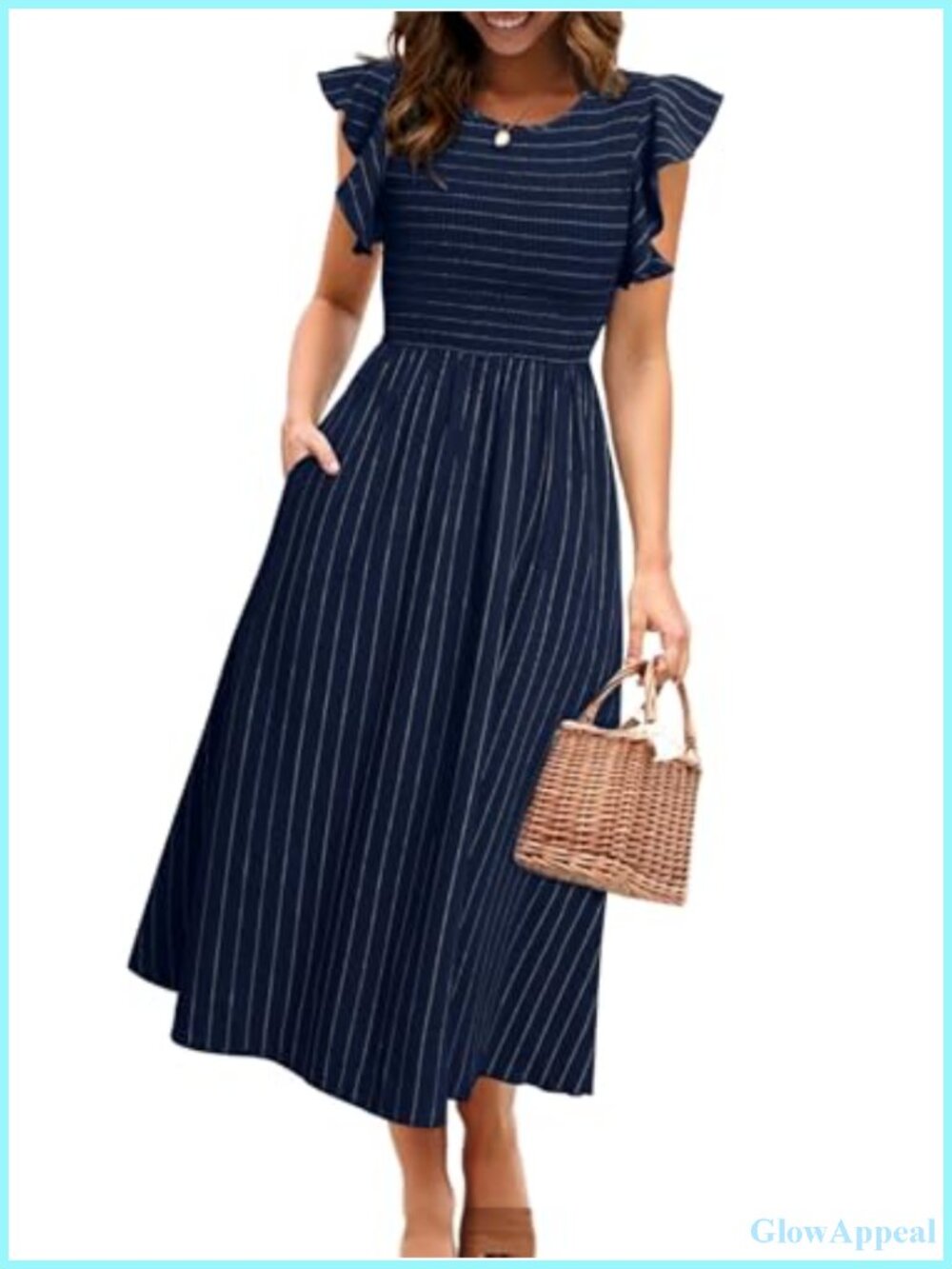Womens Striped Midi Summer Dress Linen Smocked Flutter Sleeve Flowy with Pockets